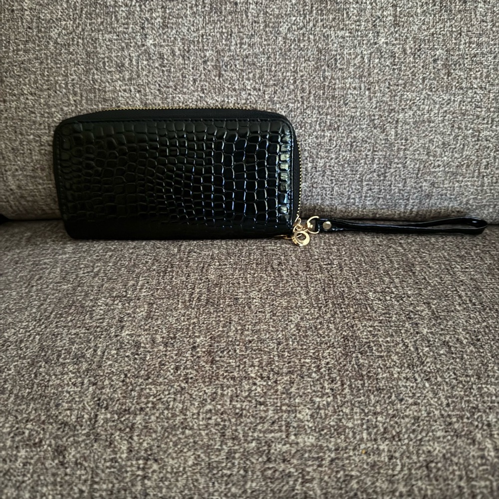 Black Croc-Embossed Wristlet Wallet